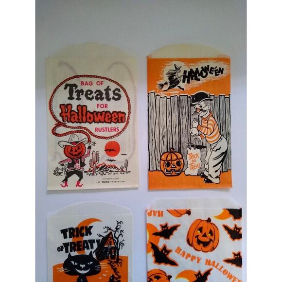 Halloween Candy Treat Bags Witch On Broom JOL Cat Bat Pumpkinhead Western Cactus - Picture 2 of 4